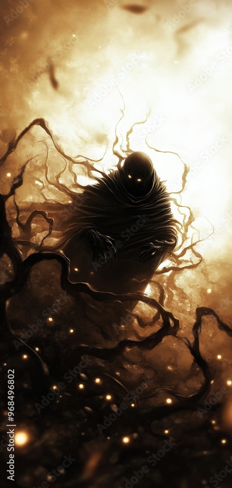 Poster a mysterious figure shrouded in darkness, surrounded by twisting branches and ethereal lights, creat