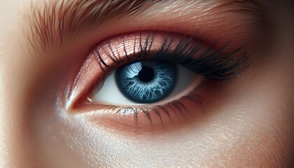 Close-up photo of a human eye with blue iris on a light background, reflecting a concept of beauty and detail.