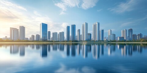 Obraz premium The reflection of a city skyline in a serene lake, where the modern buildings meet the calm water, creating a striking contrast
