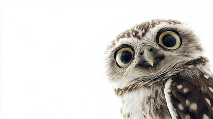 Fototapeta premium A high-quality image of a surprised owl with big, expressive eyes, isolated on a white background. Perfect for wildlife, nature, and expressive animal concepts