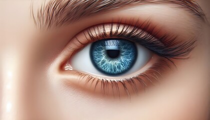 Close-up photo of a human eye with blue iris on a light background, reflecting a concept of beauty and detail.