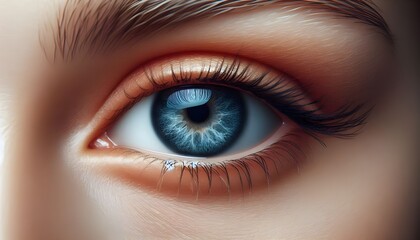 Close-up photo of a human eye with blue iris on a light background, reflecting a concept of beauty and detail.