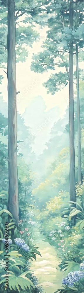Poster a serene forest landscape with tall trees and soft fog, creating a tranquil atmosphere perfect for n