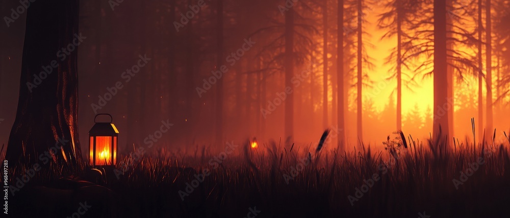 Poster a serene forest scene at dusk with a glowing lantern illuminating the path and warm light filtering 