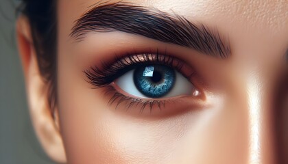 Obraz premium Close-up photo of a human eye with blue iris on a light background, reflecting a concept of beauty and detail.