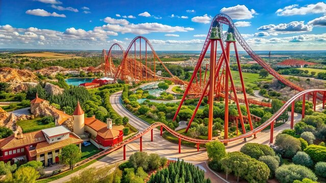 A thrilling view of the Red Force attraction at Portaventura World from a high angle showcasing the towering roller coaster and the excitement it offers to adrenaline seekers, sky