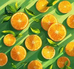 Obraz premium Fresh Squeezed: A Vibrant Oranges and Green Leaves Still Life