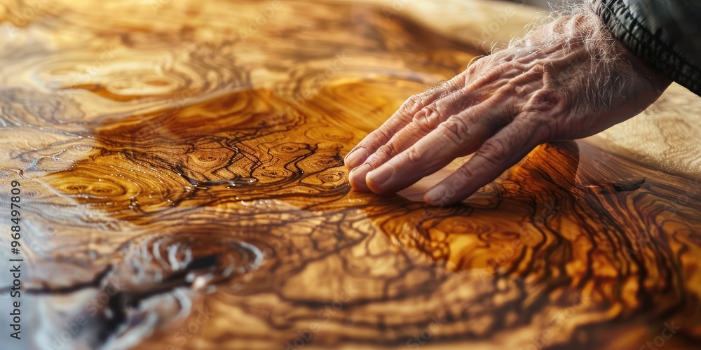 Poster Man s Hand Touching Oil Finished Olive Wood Surface