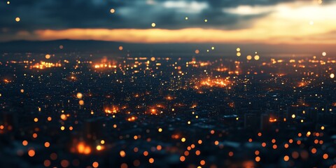 an urban landscape at twilight, where the last light of day fades into the darkening sky, and city lights begin to twinkle