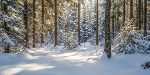 Obraz premium Pristine winter forest in a protected area, with snow softly covering the ground and tree branches, capturing untouched wilderness