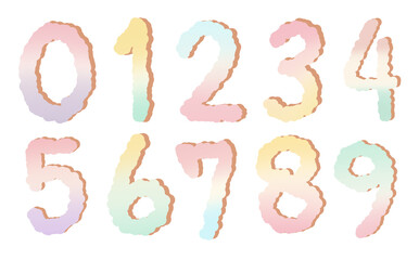 This image shows a set of numbers from 0 to 9, designed with a soft pastel gradient effect. The numbers have a fluffy, cloud-like texture with soft edges and subtle shadows, giving a three-dimensional