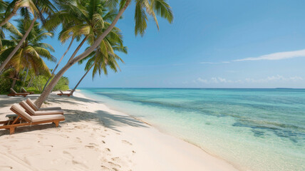Dreamy beach vacation spot with sun loungers and shade, perfect for relaxation