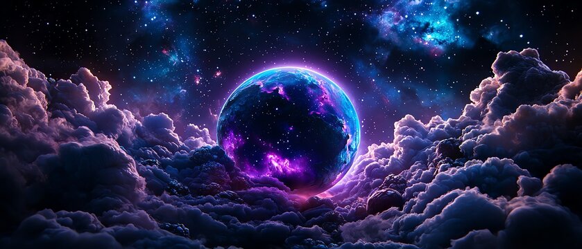 A stunning cosmic scene featuring a colorful planet emerging from vibrant, swirling clouds in a starry sky.