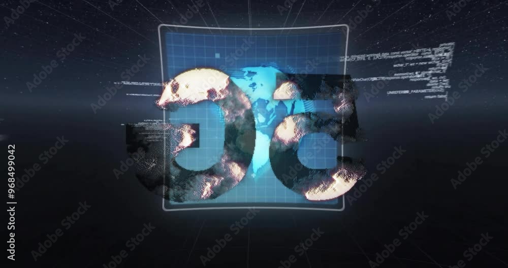Poster Animation of data processing and scope scanning over 5g text and globes