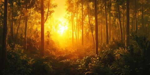 Fototapeta premium Desert sunsets blend with the forest, where the warm, golden light filters through the dense trees
