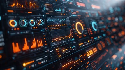 Obraz premium Futuristic digital interface with various data visualizations, including charts, graphs, and diagrams, displaying information and insights.