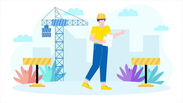 Illustration of a construction worker with safety helmet holding documents at a construction site
