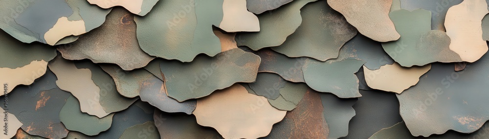 Poster close-up of layered camouflage textures showcasing various shades and patterns, perfect for design a