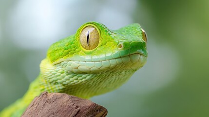 Fototapeta premium Close-up of a vibrant green frog resting on a branch, showcasing its unique features and colors in a natural setting.