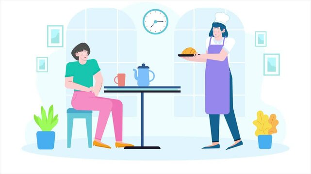 Animated chef serving food to a customer in a cafe setting with bright modern decor illustration business animated video