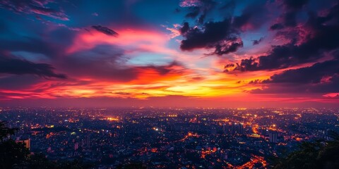 Fototapeta premium Sunset colors fill the urban sky, where the vivid hues blend with the city lights, creating a beautiful transition from day to night
