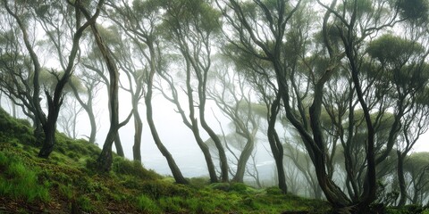 Naklejka premium Misty woodlands near the coast, where the fog drifts through the trees and towards the beach, blending land and sea