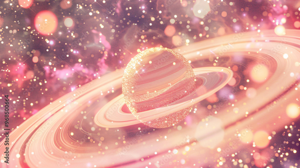 Poster an imaginative cosmic scene depicting a glittering planet surrounded by rings and sparkling stars, c