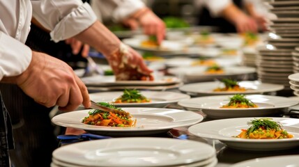 Chef Plating Colorful Vegetable Dishes in Kitchen