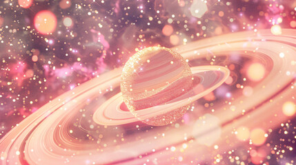 Obraz premium An imaginative cosmic scene depicting a glittering planet surrounded by rings and sparkling stars, creating a dreamy atmosphere of outer space fantasy.