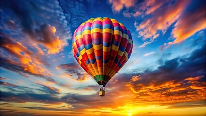 Obraz premium A colorful hot air balloon floats gracefully in the sky creating a beautiful asymmetrical composition against the backdrop of a vibrant sunset and the peaceful silence of nature