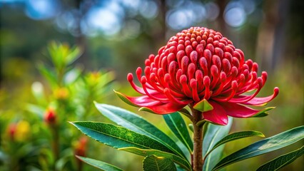 Single red waratah bloom with bush in background Panoramic, wildflower, red,waratah, flora, background, single, vibrant, close-up, nature, petals, scenic, native, australia, outdoor, plant