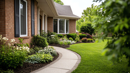 Beautifully landscaped home exterior showcasing vibrant flowers and manicured lawn, perfect for suburban living.