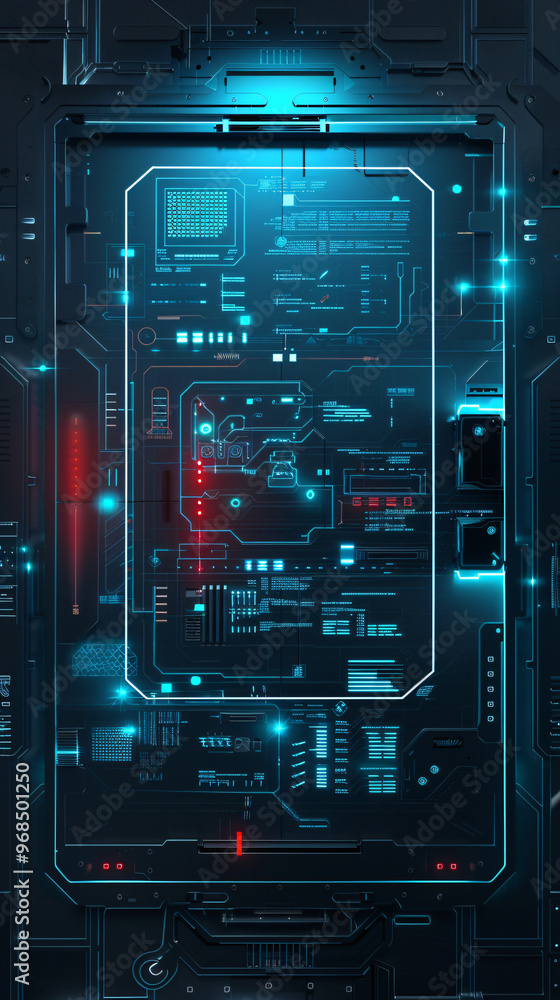 Poster A futuristic digital interface showcasing intricate circuits and glowing data points, creating a high-tech atmosphere ideal for technology and sci-fi themes.