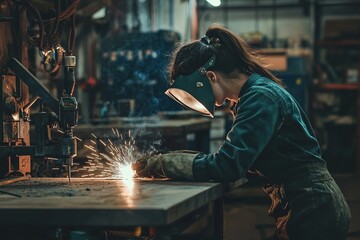 Female mechanic welding a metal part in a workshop. Protective gear and welding equipment are visible in the background