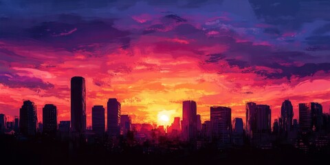 The city skyline is silhouetted against a horizon sunset, where the sky is ablaze with color as the sun sets behind the buildings