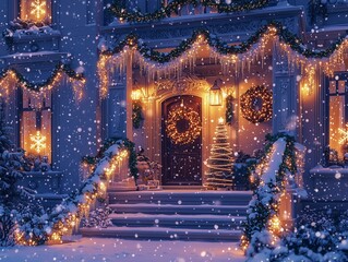 Elegant townhouse with Christmas decorations and white garlands