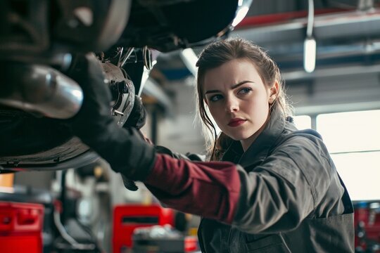Female mechanic testing a vehicle's exhaust system with diagnostic tools. The workshop has a well-organized setup with various car parts
