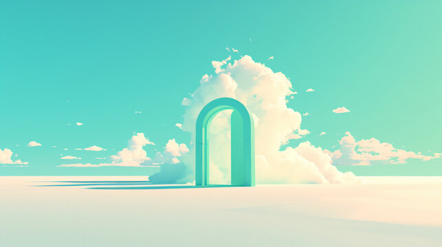 A serene digital artwork depicting a mint green archway emerging from fluffy clouds against a clear sky, creating a dreamlike atmosphere that evokes feelings of wonder and exploration.