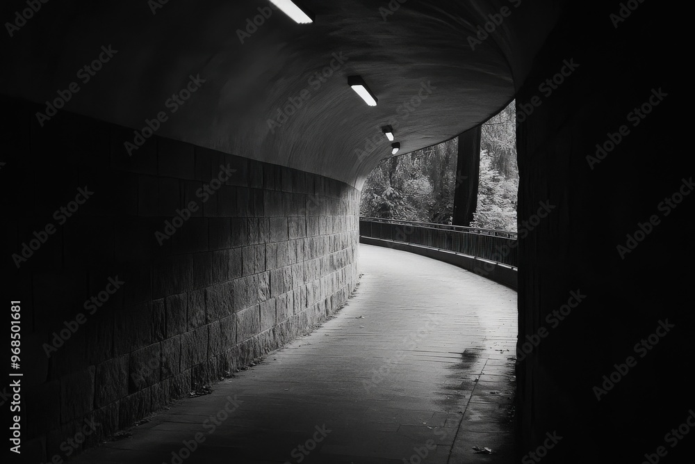 Poster a dimly lit tunnel with a curved path, showcasing an intriguing play of light and shadow in black an