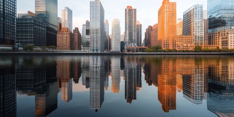 Obraz premium metropolitan views by a river, where the tall buildings are perfectly mirrored in the still waters