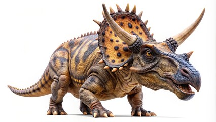 Fototapeta premium A detailed photograph featuring a Pachyrhinosaurus dinosaur isolated on a white background showcasing its unique facial features and horned skull, herbivore, prehistoric, animal
