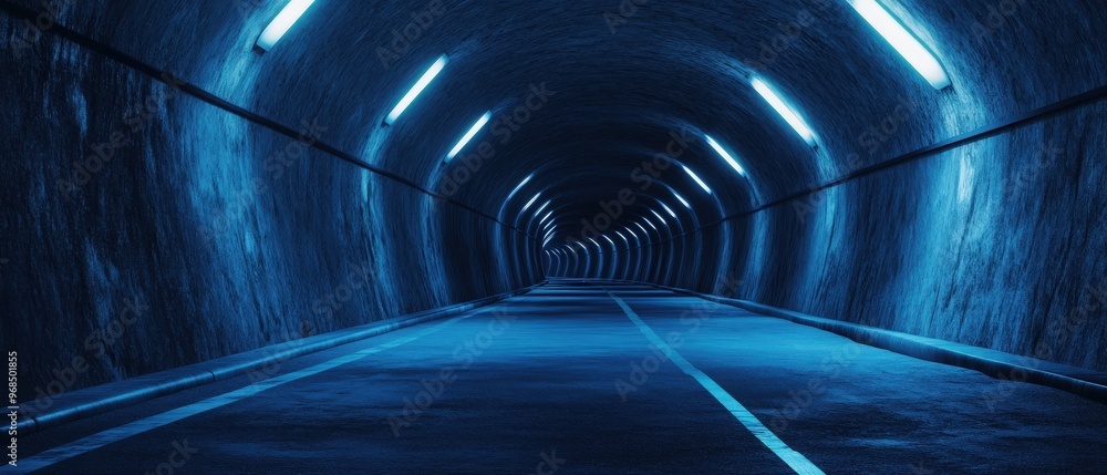 Poster a futuristic tunnel illuminated by blue led lights, creating an atmospheric and serene pathway for e
