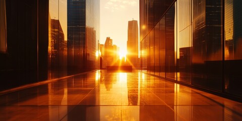 sunrise reflections in an urban landscape, where the rising sun casts a warm glow on the city?s mirrored surfaces