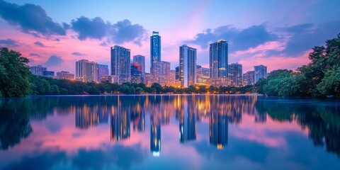 Fototapeta premium The vibrant metropolitan skyline reflected in the calm waters of a lake, where the urban energy is perfectly mirrored