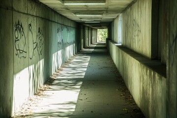A long, narrow corridor with graffiti and soft light casting shadows, evoking an eerie yet intriguing atmosphere.