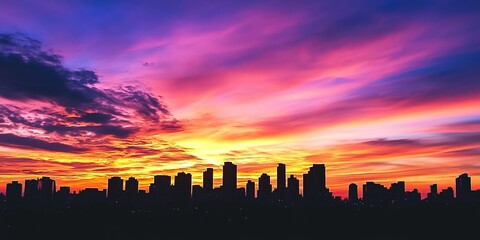 The city skyline is silhouetted against a brilliant sunset sky, where shades of orange, pink, and purple fill the horizon