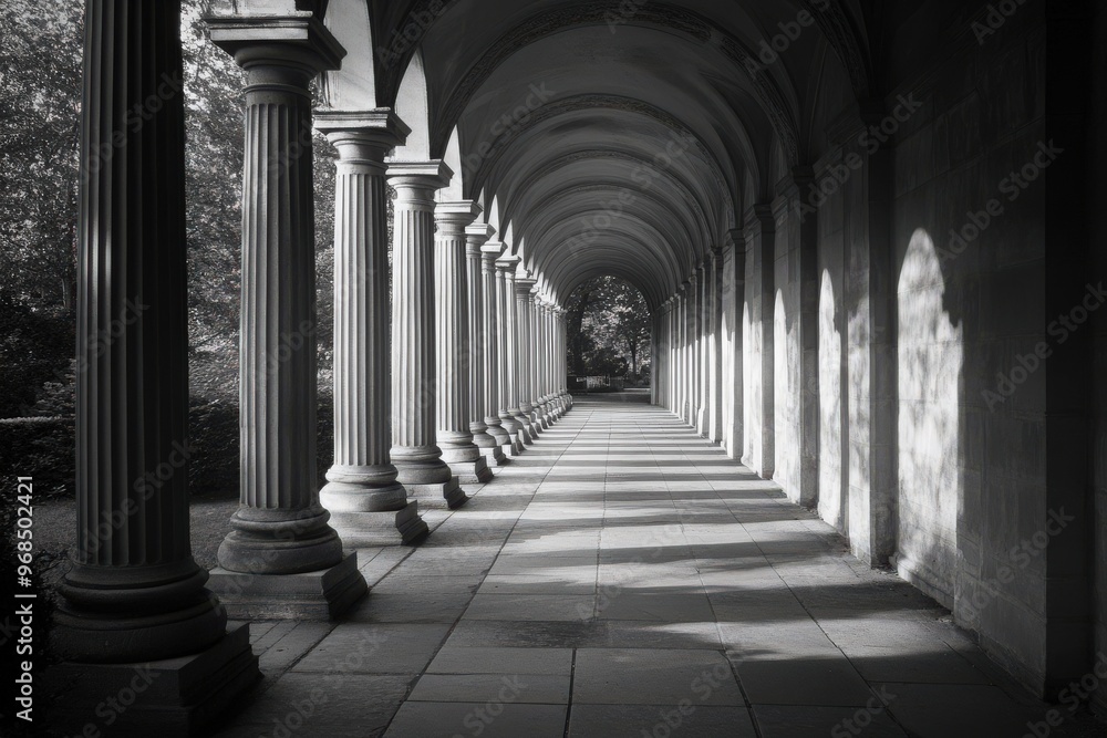 Aufkleber a monochrome image showcasing a serene arcade with symmetrical columns and soft shadows, creating a 
