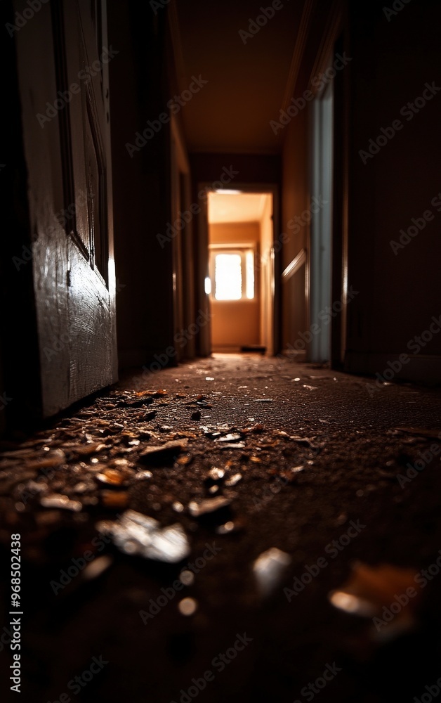 Poster a moody view of an empty hallway with scattered debris and warm light at the end, creating a mysteri
