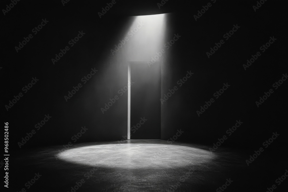 Poster A mysterious door illuminated by a beam of light in a dark space, evoking intrigue and the unknown.