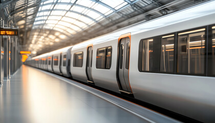 Modern subway train at a sleek station platform with high ceilings and bright lighting, showcasing urban transit innovation.